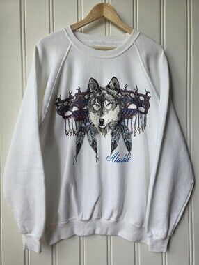 Vintage Alaska Wolf Tribal Glittery Crewneck White Sweater